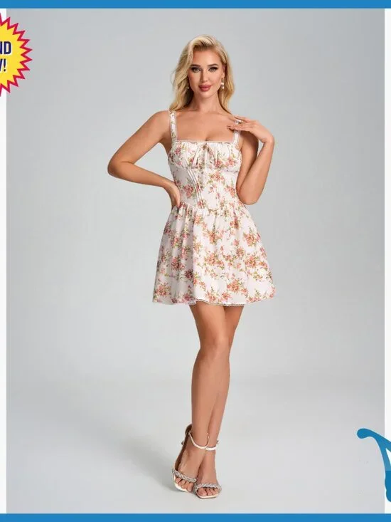 Summer Floral Mini Dress Corset Lace Up Square Neck A-Line Casual - Picture 7 of 7